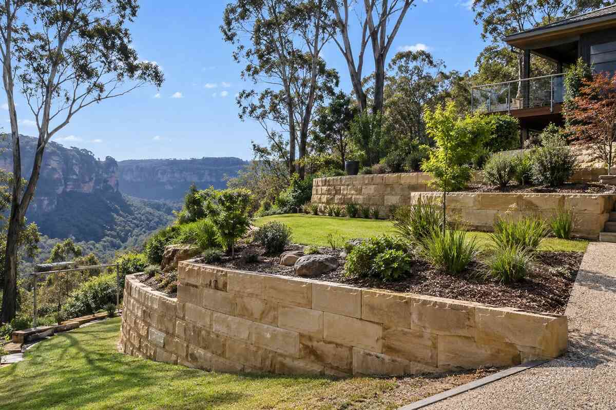 Timber and sandstone retaining wall in the Blue Mountains